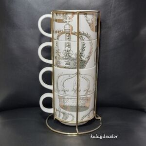 Pier 1 Imports Gold Crown Print Stacking Mugs Set w/ Gold Metal Rack Coffee Cups